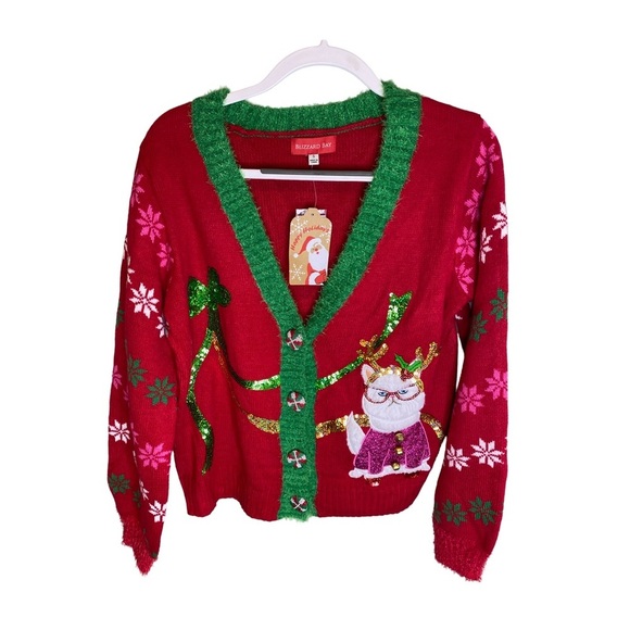 Blizzard Bay Cat Motif Ugly Christmas Holiday Sweater Cardigan NWT Size S - Picture 1 of 7